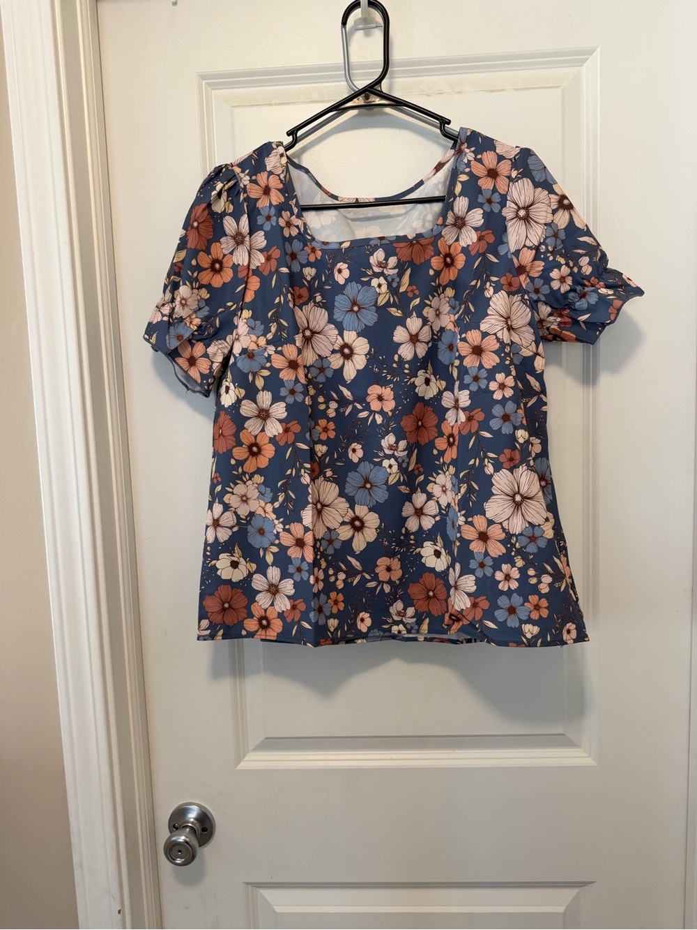 Women's Floral Square-Neck Top in Blue and Peach